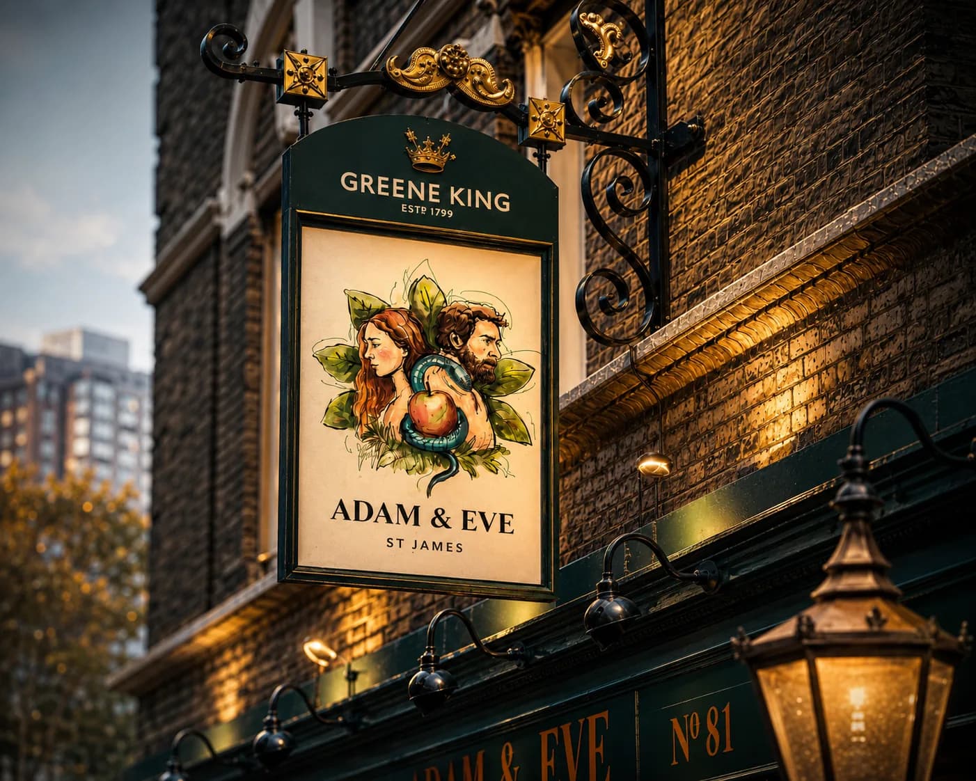The illustrated Adam and Eve pub sign hanging outside the Adam and Eve in St James’s