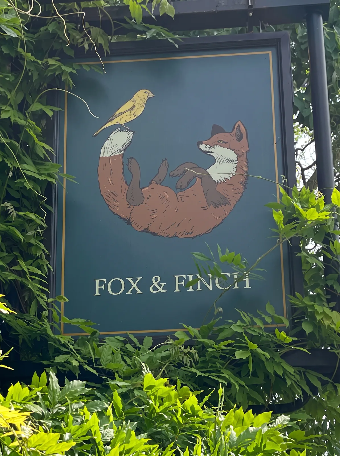 Fox and Finch hanging pub sign illustrated with a fox and a bird