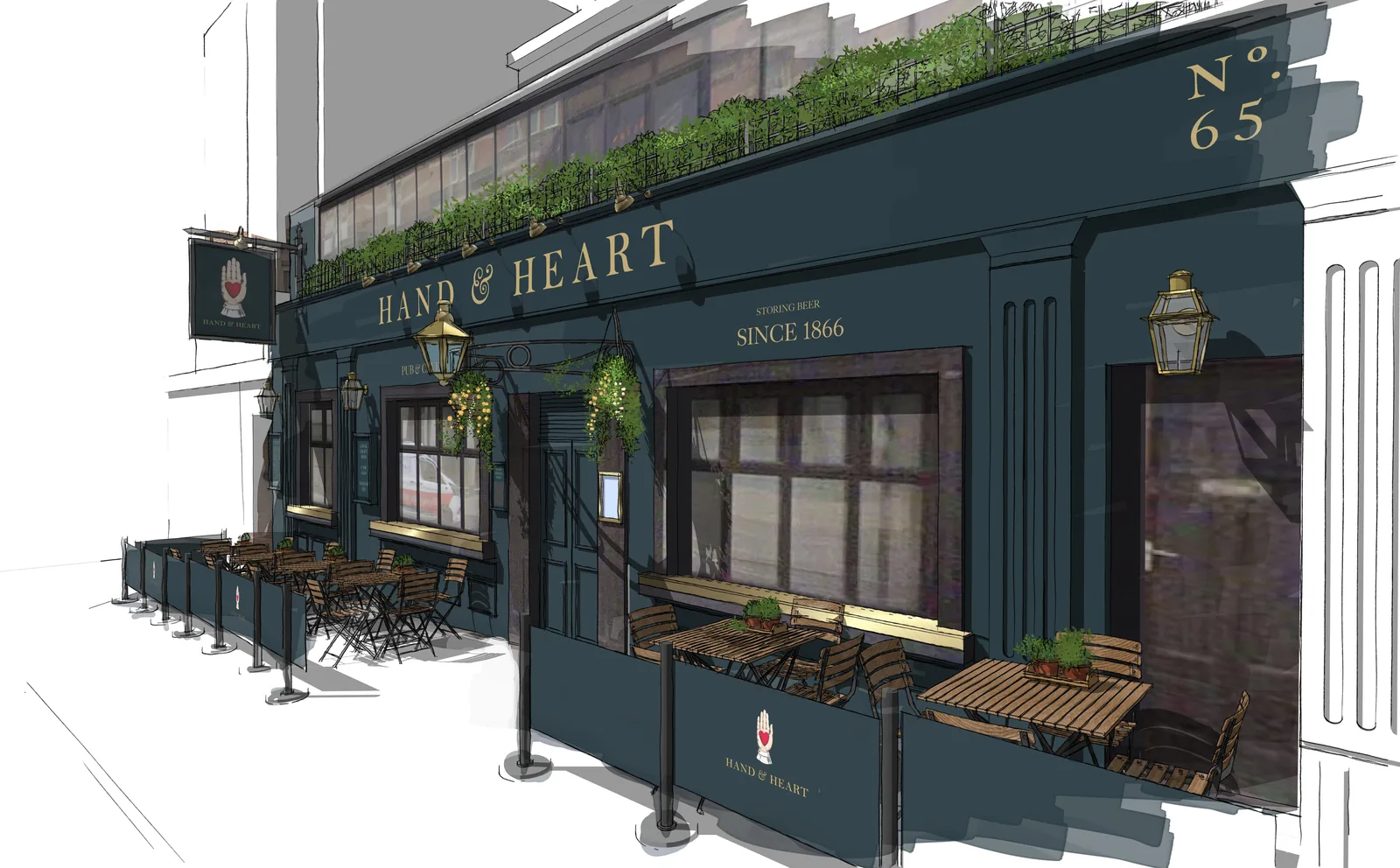 Architectural concept drawing for the Hand and Heart pub exterior
