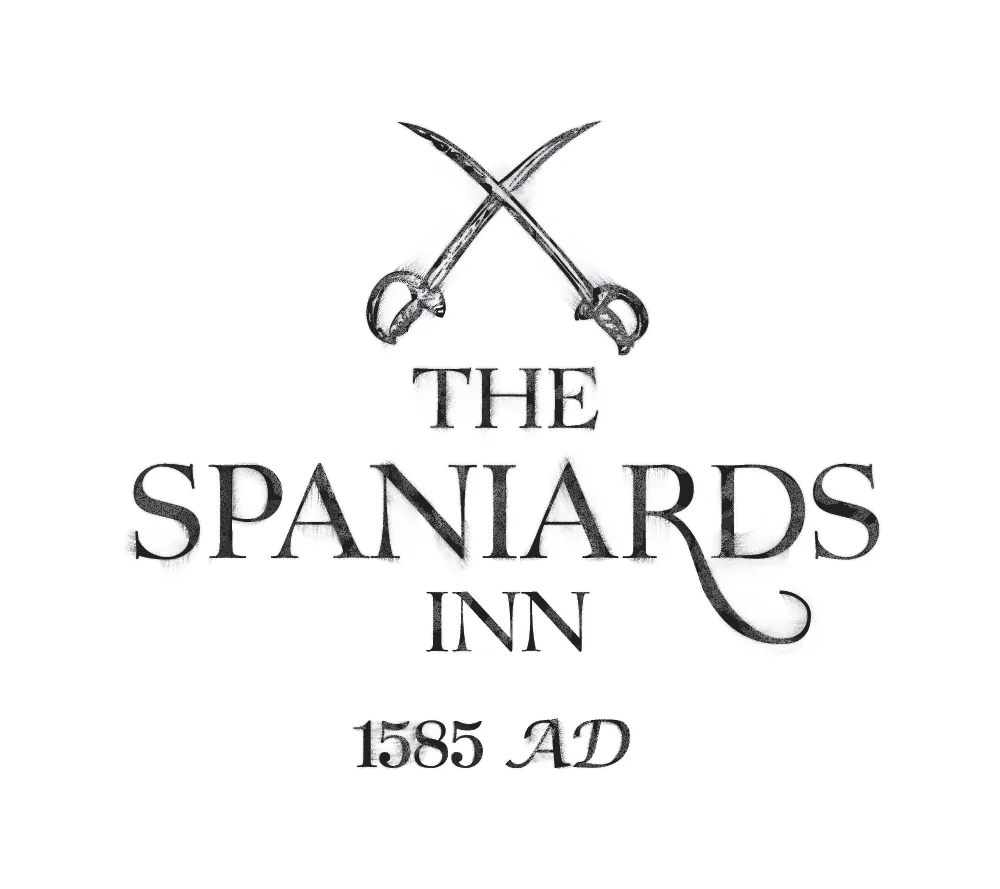 The Spaniards Inn logo with crossed swords and 1585 AD lettering